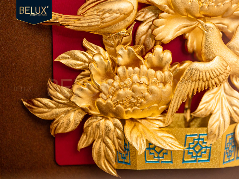 Tranh Đôi Chim Hỷ Tước Mẫu Đơn Dát Vàng 24k- 24x24 cm